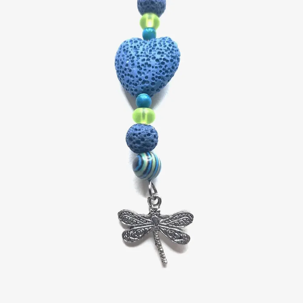 GIFT - Dragonfly Beaded Bag Charm Artisan Blue Heart Lava Stone Diffuser